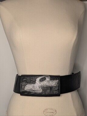 RARE Vtg 80s Carlo Fiori Blck Wide Alligator Embossed Leather Belt Python Slider